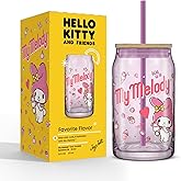 JoyJolt Sanrio Hello Kitty and Friends Favorite Flavor Glass Tumbler with Bamboo Lid and Straw, Leakproof 16oz Clear Soda Can Shaped Cup featuring My Melody, Hello Kitty Merch