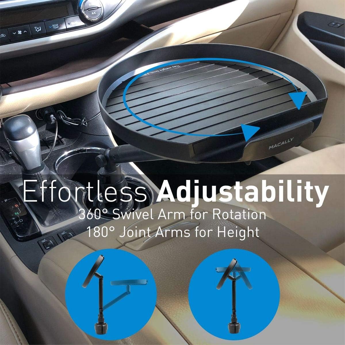Macally Cup Holder Tray for Car - Enjoy Your Meal and Stay Organized - Adjustable Car Tray Table with 9" Surface, Phone Slot, and 360° Swivel Arm - Car Food Table for Cup Holders 3" to 4.1" Wide