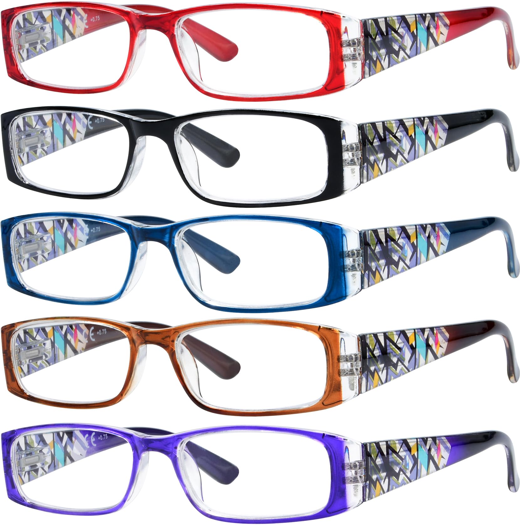 Eyekepper 5-Pack Stylish LookCrystal Aeropittura Arms Spring Hinges Womens Reading Glasses +1.0