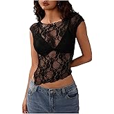 OYOANGLE Women's Y2K Lace Sheer Short Sleeve T Shirt See Through Asymmetrical Hem Going Out Crop Tops