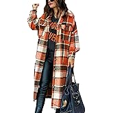 Himosyber Women's Casual Plaid Lapel Woolen Button Up Pocketed Long Shacket Coat