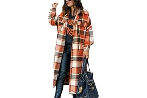 Himosyber Women's Casual Plaid Lapel Woolen Button Up Pocketed Long Shacket Coat
