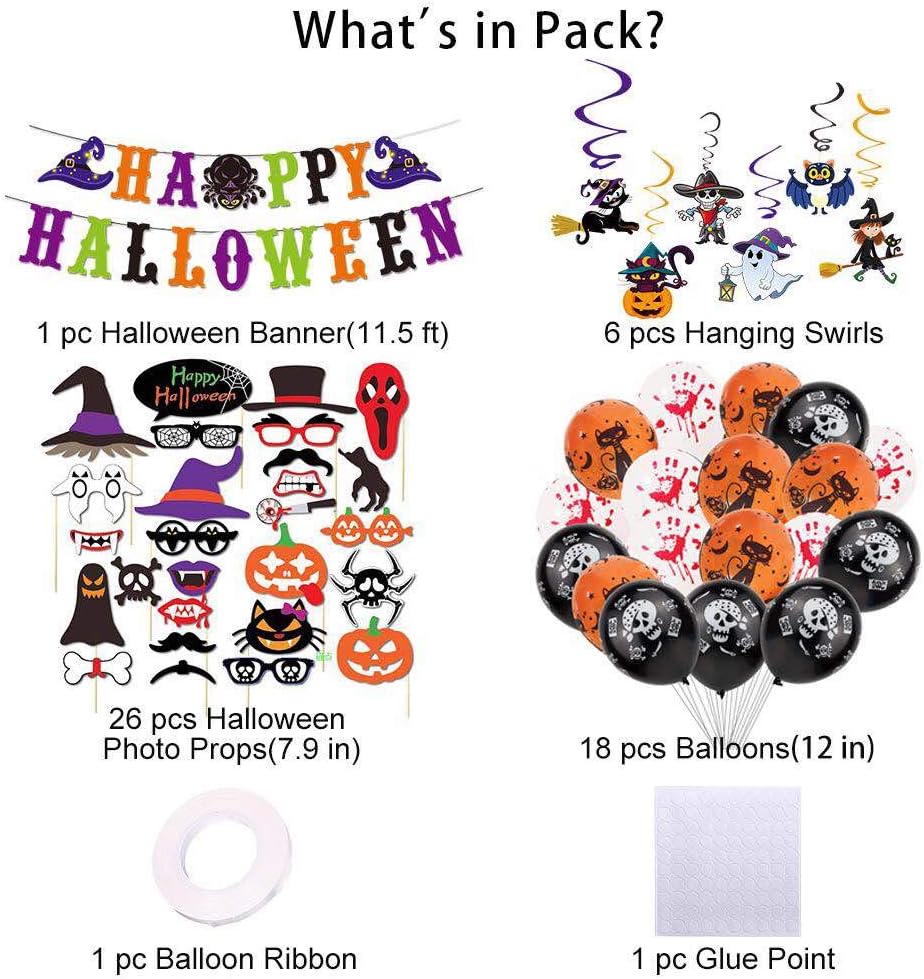 Halloween Party Decoration Supplies, Happy Halloween Banner, Halloween Hanging Swirls, Latex Balloons,Photo Props, Halloween Theme Party Supplies for Halloween Decor: Toys & Games