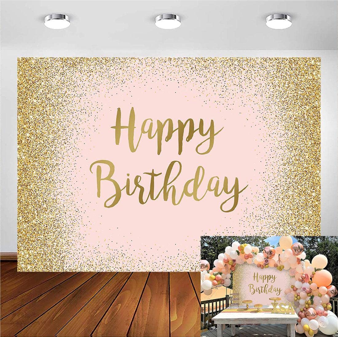 Avezano Gold Happy Birthday Backdrop for Women & Girls - Pink & Rose Gold Glitter Birthday Party Decorations - 2.1x1.5m
