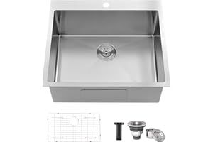 Comllen 25 x 22 Inch Drop In Kitchen Sink, Brushed Nickel Topmount 16 Gauge Stainless Steel Kitchen Sinks, 9 Inch Deep Utility RV Sink with Dish Grid and Basket Strainer