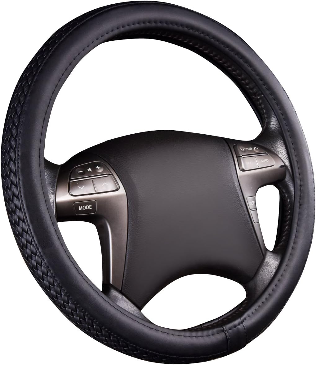Horse Kingdom Premium Faux Leather Weave Steering Wheel Covers, Fashion Style, Anti-Slip, Fit for Cars, Trucks, SUVs, Vans(Black)