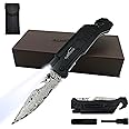 ALBATROSS 6-in-1 Modern Damascus Steel Folding Pocket Knives with LED Light,Seatbelt Cutter,Glass Breaker,Magnesium Fire Starter,Bottle Opener;Multi-Function Emergency Tool(Black-DA)