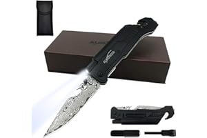 ALBATROSS 6-in-1 Modern Damascus Steel Folding Pocket Knives with LED Light,Seatbelt Cutter,Glass Breaker,Magnesium Fire Starter,Bottle Opener;Multi-Function Emergency Tool(Black-DA)
