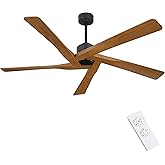 WINGBO 54" ABS DC Ceiling Fan No Light, 5 Blade Wood Grain ABS Ceiling Fan with Remote, 6-Speed Reversible DC Motor, Ceiling Fans without Light for Kitchen Bedroom Living Room, Matte Black and Walnut
