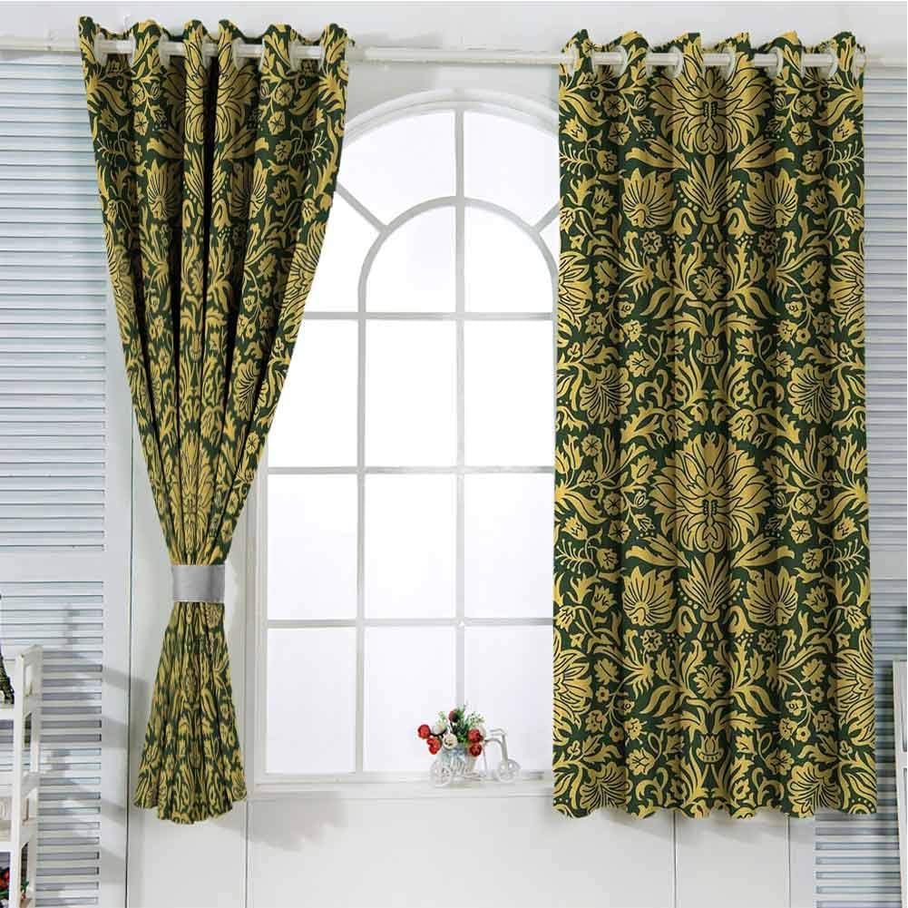 Floral Curtains 72 Inch Lenght, Hunter Green Earth Yellow Pattern