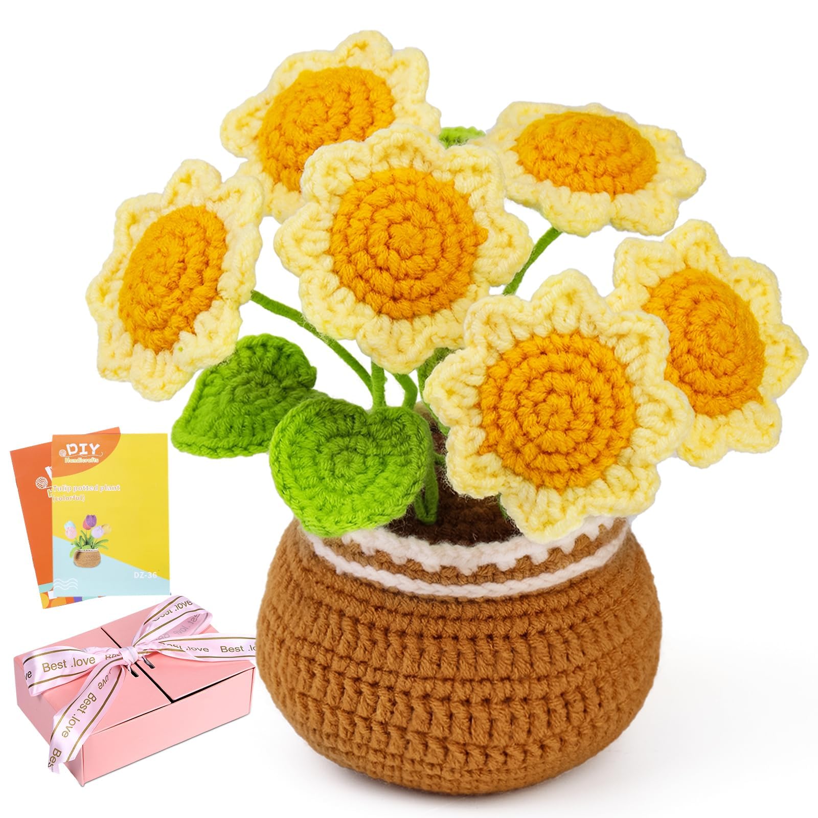 ENCHOL Crochet Kit for Beginners, Complete Crochet Kits-Flower Bouquet Potted, Crochet Potted Flowers, Mother's Day Golden Sunflower Potted DIY Crochet Kits with Step-by-Step Video Tutorials