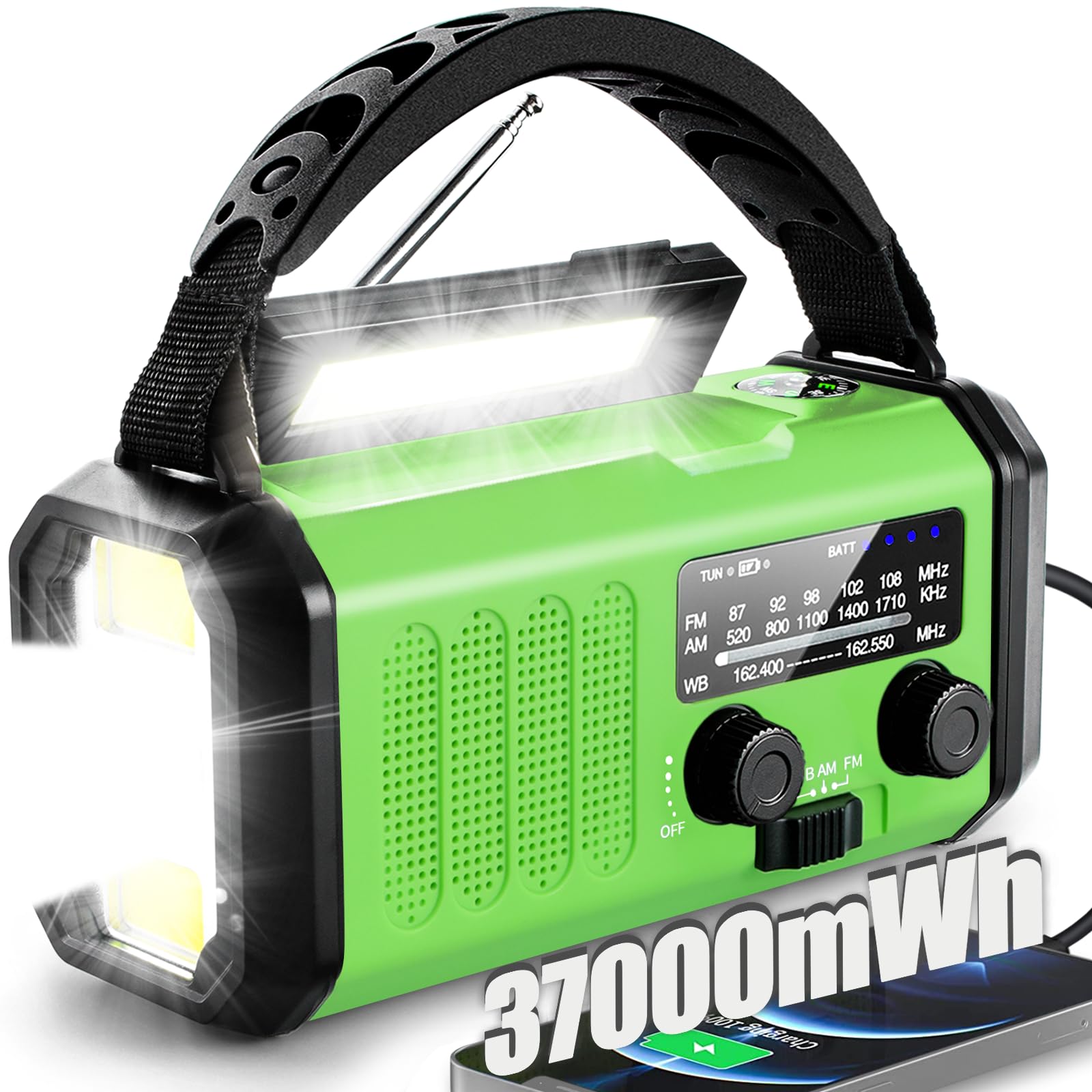 Hand Crank Emergency Radio,37000mWhSolar Powered Hand Crank Portable NOAA AM FM Weather Radio with 3Mode Flashlight and Reading Light,Cell Phone Charger,Home and Emergency Distress Signal (Green) Image