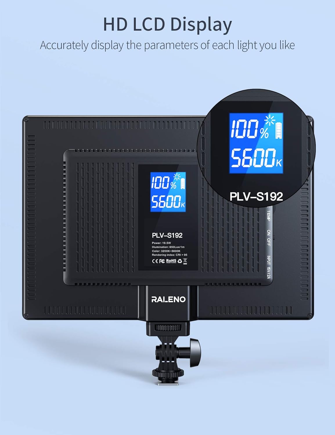 RALENO LED Video Soft Light Panel with LCD Display, for All Camera DSLR Photography, Built-in Battery, Dimmable Brightness Bicolor 3200K-5600K CRI 95+, Ultra-Thin for YouTube Studio Portraits Photo : Camera & Photo