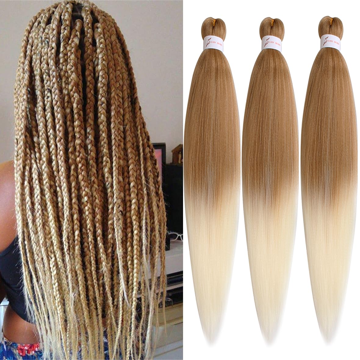 Leeven 3 Packs Ombre Blonde Pre Stretched Braiding Hair 26 Inch Yaki Braiding Hair Extensions for Box Braids Pre Stretched Hair Extensions EZ Braids 27613# โ image 1