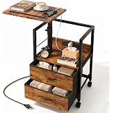 Faesun Night Stand with Charging Station &amp; Swivel Top, Brown | Bedside Table with Wheels &amp; 2 Fabric Drawers, Side Table with Storage, Multifunctional Furniture for Small Spaces, Bedroom