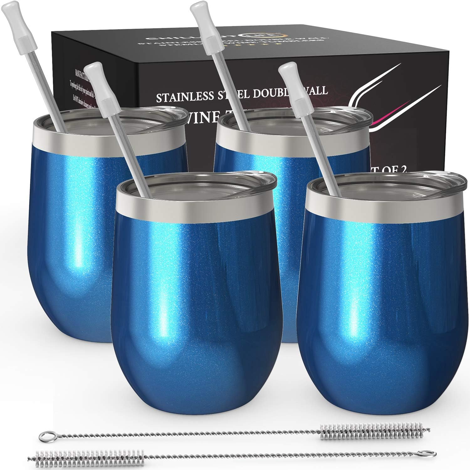 CHILLOUT LIFE Stainless Steel Stemless Wine Glass Tumbler 4 Pack Sparkle Blue 12 oz | Double Wall Vacuum Insulated Wine Tumbler with Lids and Straws Set of Four for Coffee, Wine, Cocktails, Ice Cream