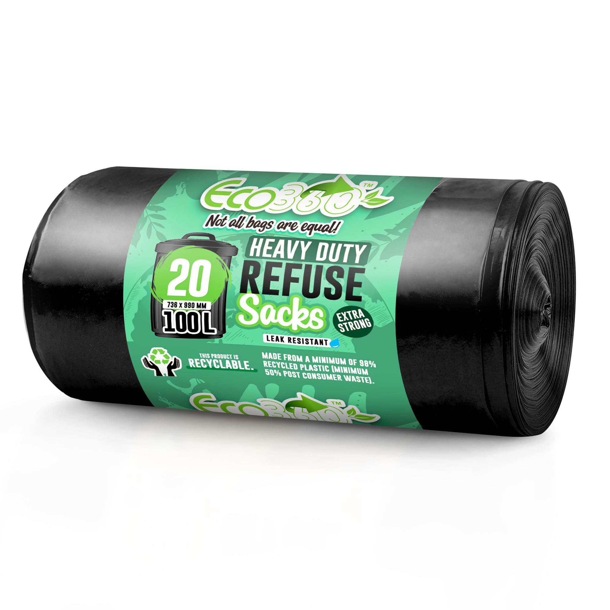 EcoBag - 20 Pack Extra Strong Heavy Duty Refuse Sacks - 100L - 33 Microns - Recyclable Bin Bags, Leak Resistant, Eco-Friendly, Durable Waste DIsposal Bags for Household & Commercial Use 736×990mm