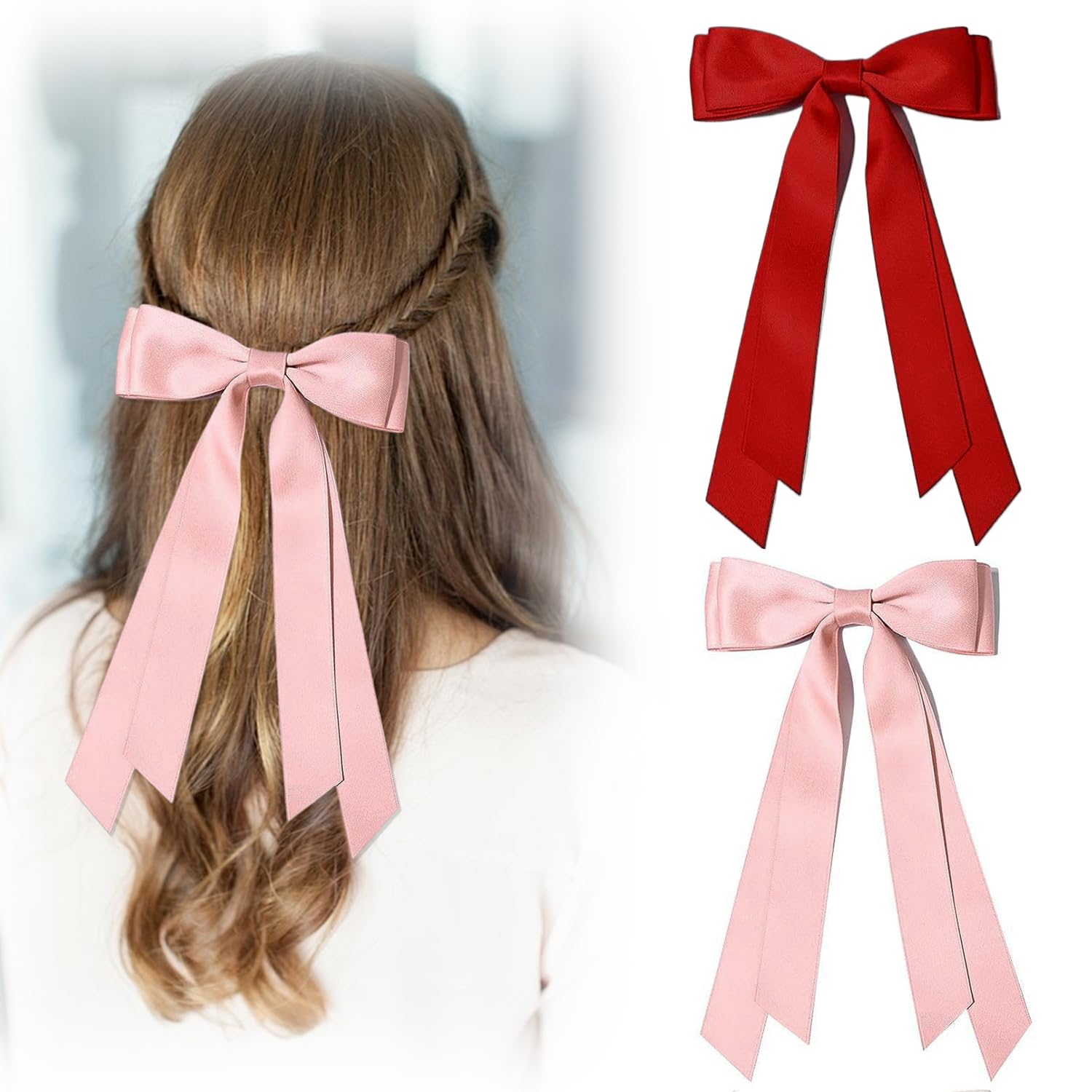 Hair Bow, 2 Pcs Hair Bows Hair Ribbon Bow Hair Clip Hair Accessories for Women Girls Barrettes for Women (Wine Red & Dark Pink)