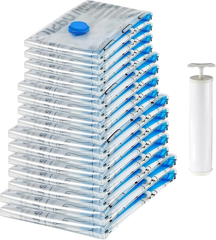 bolsas de vacío para almacenamiento, con cremallera, incluyen boca para aspirador, 15 Unidad, 2 extragrandes, 5 grandes, 4 medianas y 4 pequeñas, Blanco