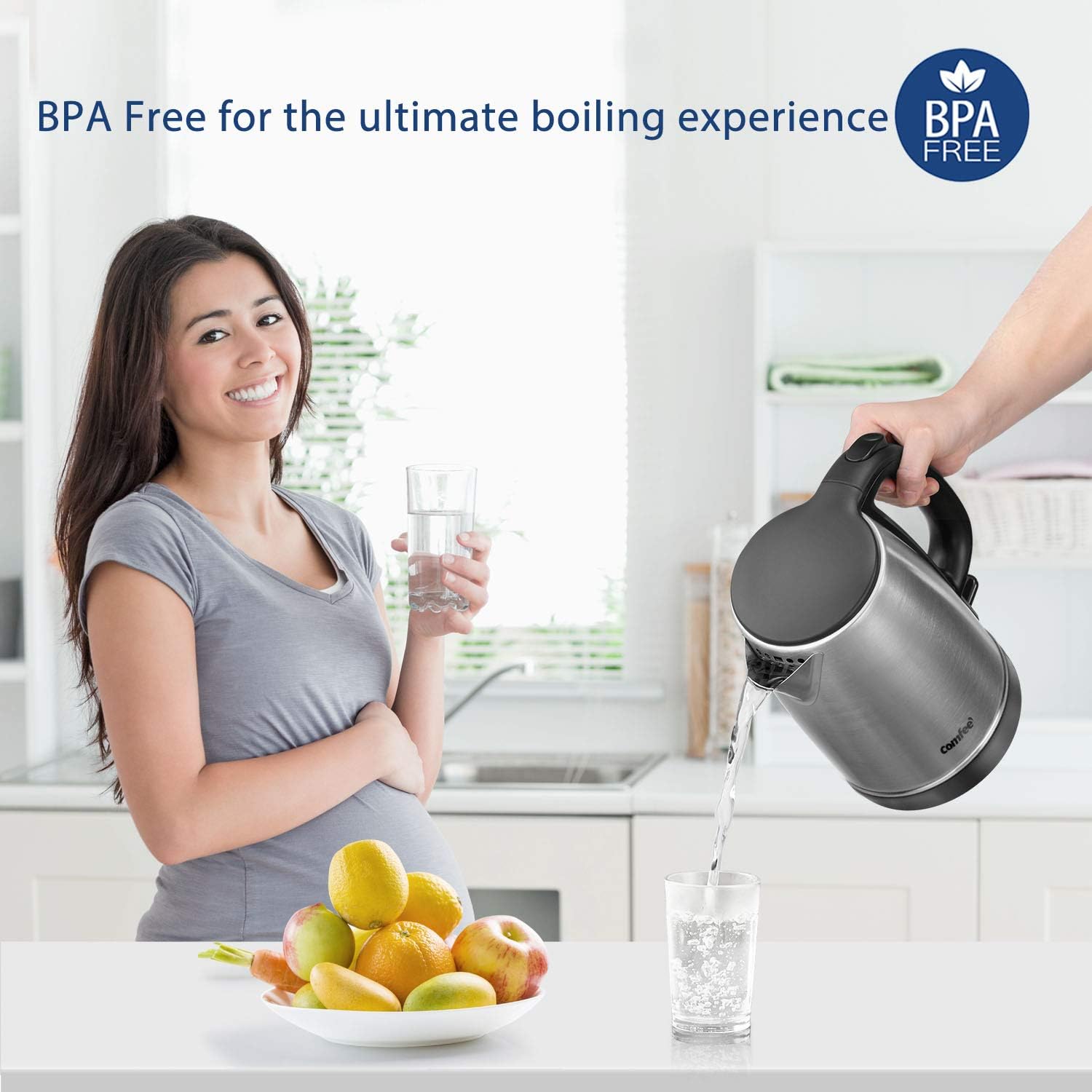 Comfee 1.7L Stainless Steel Electric Tea Kettle, BPA-Free Hot Water Boiler, Cordless with LED Light, Auto Shut-Off and Boil-Dry Protection, 1500W Fast Boil: Kitchen & Dining