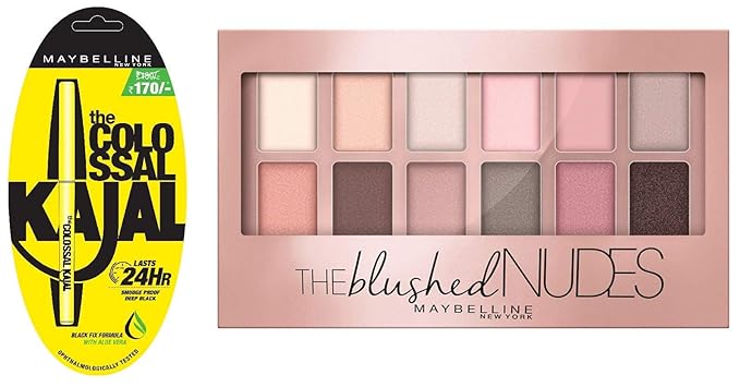 Maybelline New York Colossal Kajal, Black, 0.35g+Maybelline New York The Blushed Nudes Palette Eyeshadow, 9g
