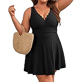 Charmo Women Plus Size Swimdress One Piece Swimsuit Ruched Tummy Control Bathing Suit Scalloped V Neck Flowy Swimwear