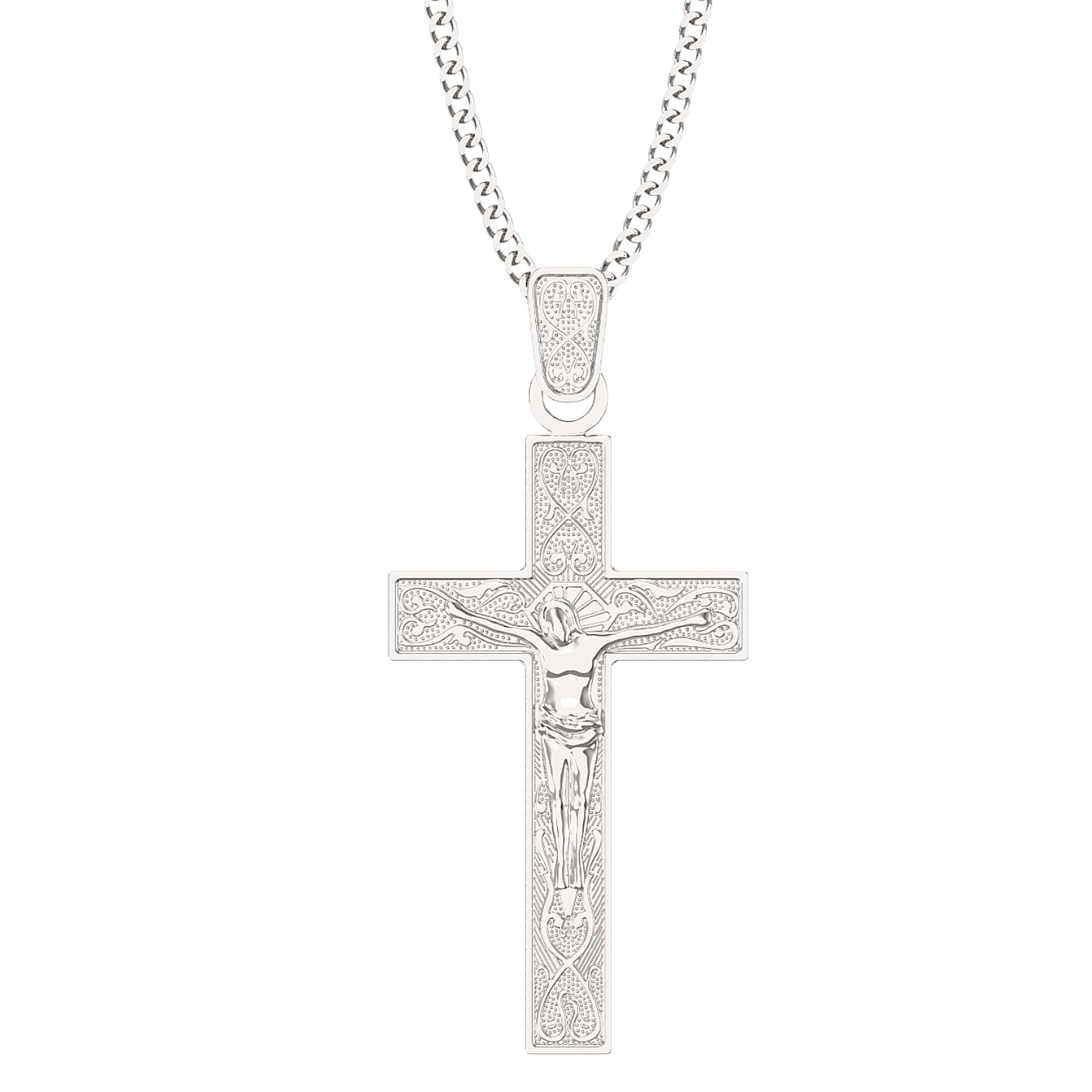 Aeon Crucifix Cross Necklace - 925 Sterling Silver | Adjustable 16-18 Inch Chain | Polishing Cloth Included | Gifts for Religious Occasions (Etched)