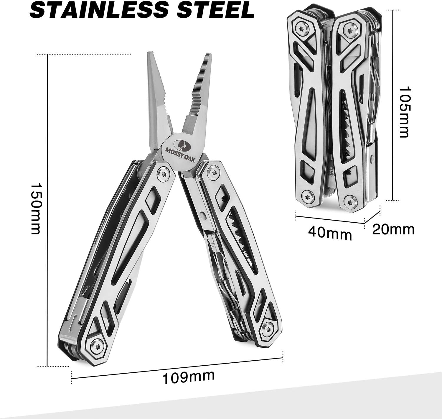 MOSSY OAK Multitool, 21-in-1 Stainless Steel Multi Tool Pocket Knife with Screwdriver Sleeve, Self-locking Multitool Pliers with Sheath-Perfect for Outdoor, Survival, Camping, Hiking, Simple Repair - - 