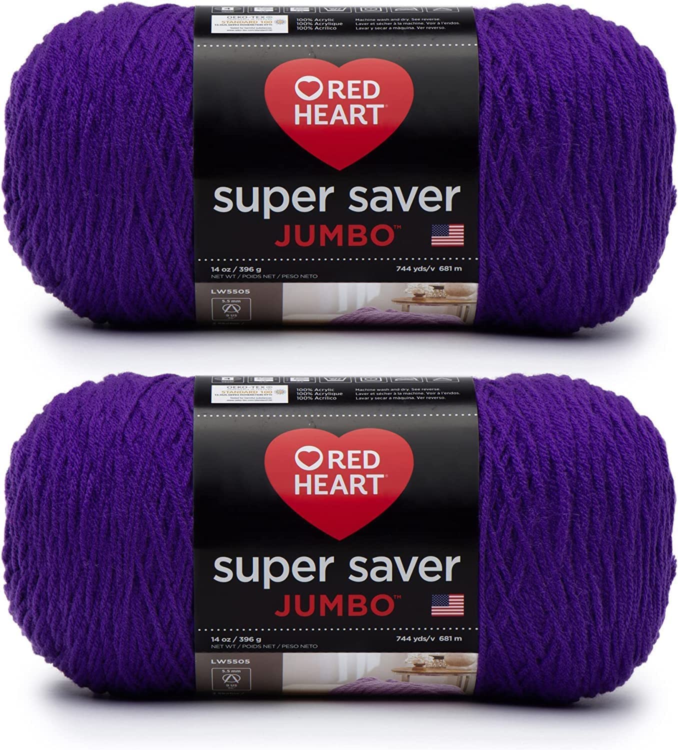 Red Heart Super Saver Jumbo Amethyst Yarn - 2 Pack of 396g/14oz - Acrylic - 4 Medium (Worsted) - 744 Yards - Knitting/Crochet
