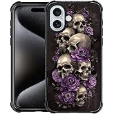 WANKBLC for iPhone 16 Case, Shockproof Protective for Man Women Non-Slip for iPhone 16 Illustration Scary Skulls Purple Roses Crazy Pattern