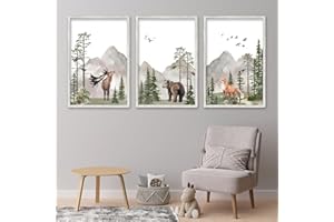 LUZHIQIANG Set Of 3 Wild Woodland Nursery Animals Wall Art Decor 16x11 Inch Safari Foggy Forest Deer Bear Fox Posters Wood Framed Sign Jungle Children's Boys Girls Room Watercolor Prints Hang (White)