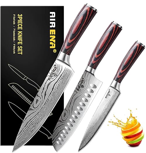 AIRENA Chef Knives Set of 3 | 8" Chef Knife | 7" Japanese SANTOKU | 5" Paring Knife & Finger Guard | High Carbon Stainless Steel | Long-Lasting Sharp Blade | Professional Kitchen Knives Set