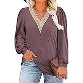 ROSRISS Womens-Plus-Size-Tops Lace V Neck Shirts Casual Lantern Long Sleeve Tunics XL-5XL