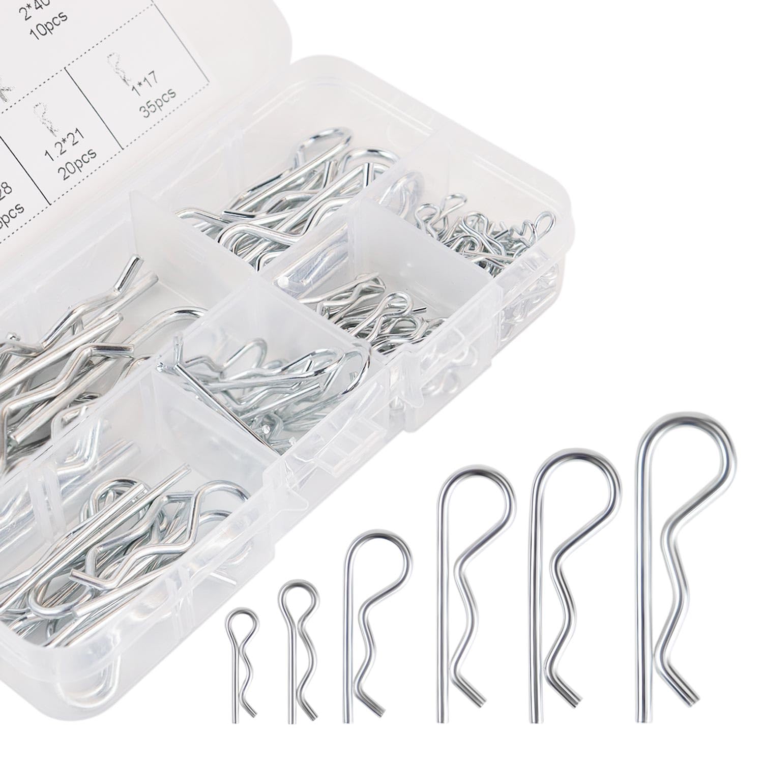 Photo 1 of 100 Pcs Cotter Pin R Pins Carbon Steel R Clips Zinc Plated Hitch Pins Spring Fastener Assortment Kit Retaining Pin Hair Pin Hairpin Clip 6 Size Heavy Duty R Pin Used for Hitch Pin Lock System (Silver)