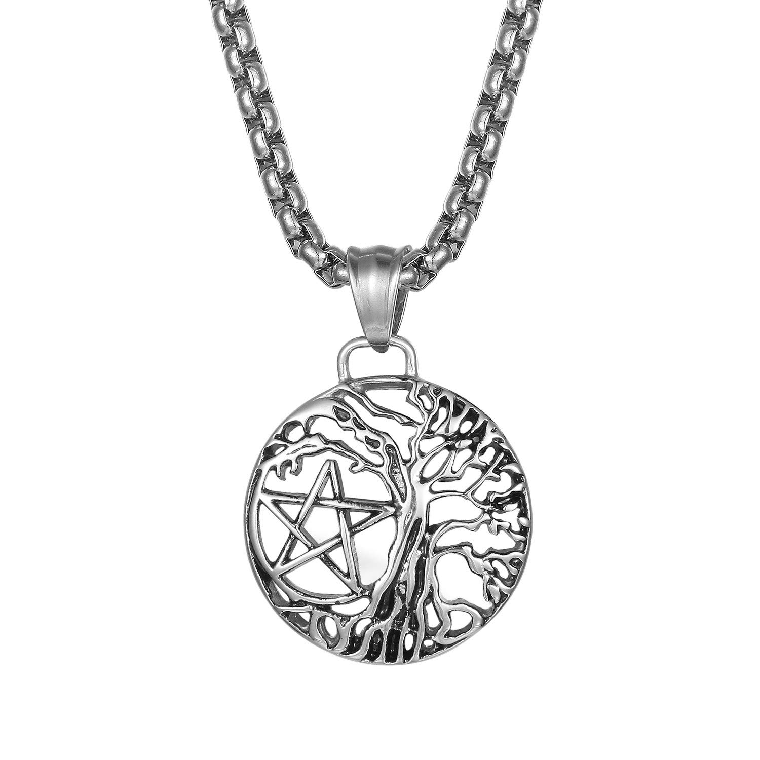 JewelryWe Retro Tree of Life Yggdrasil Pendant Hollowed Pentacle Necklace with Stainless Steel Chain for Men