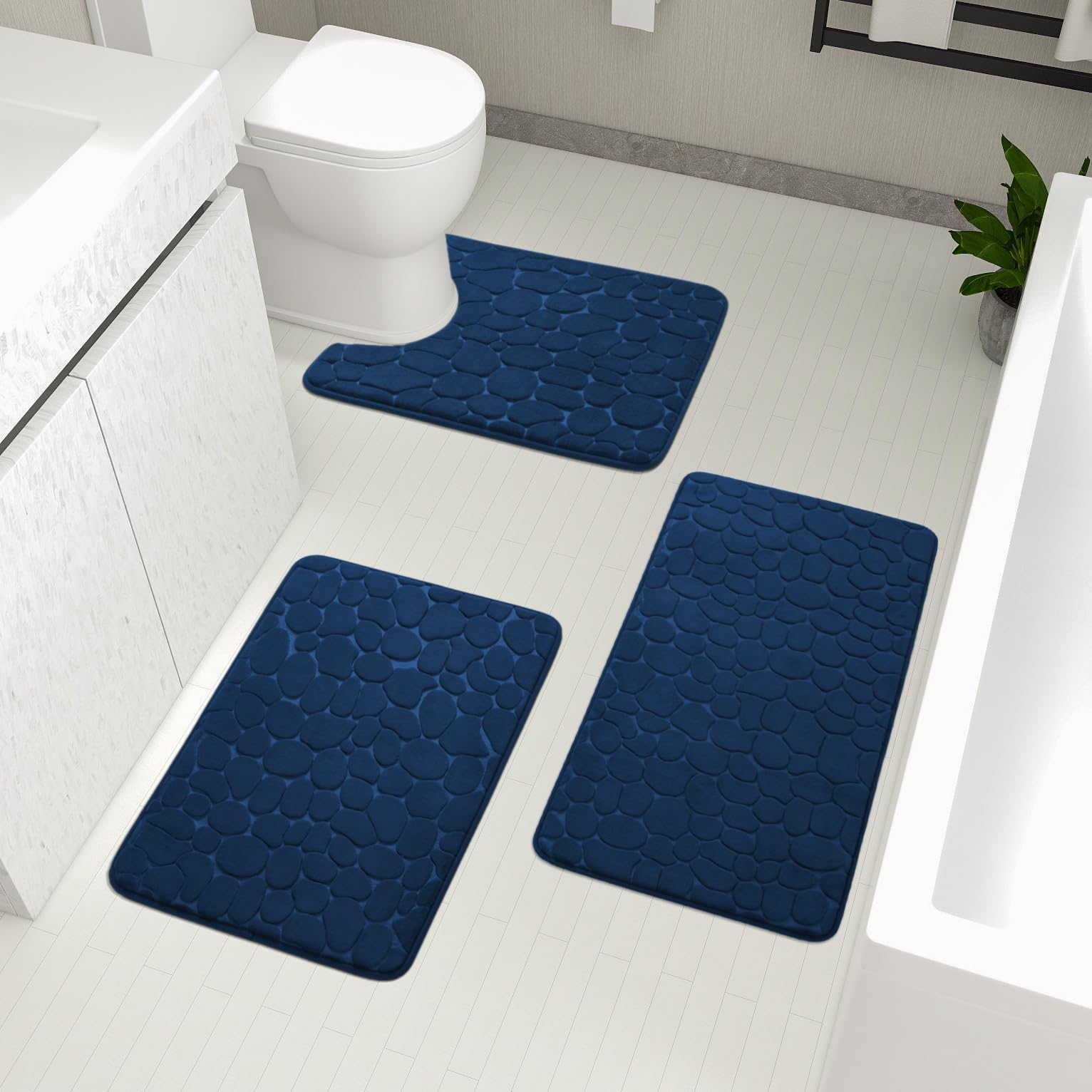 chakme Bathroom Rugs Sets 3 Pieces, Cobblestone Memory Foam Bathroom Mats Set Thick, Non-Slip Bath Mats for Bathroom, Absorbent, Washable, Dark Blue Bath Rugs for Tub, Toilet and Floor