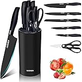 ODDIER Kitchen Knife Ket with block, Knife Block Set, Anti-Rust High Carbon German Stainless Steel Knife Set, 7 Piece Chef Knife Set, New Home Apartment Essentials, Dishwasher Safe, Black