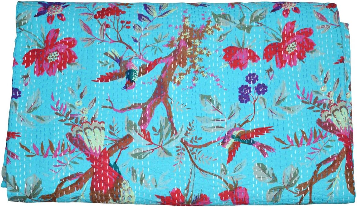 Rajcrafts Bird Print Traditional Cotton Double Rajasthani Gudari Queen Blue