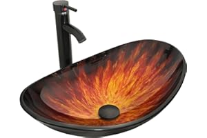 YOURLITE Bathroom Vessel Sink,Boat Shape Sink for Bathroom with Faucet,Glass Sink with Pop up Drain Set,Red