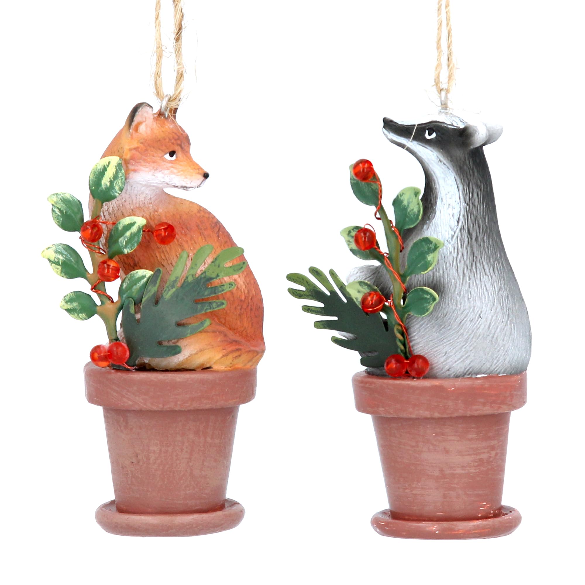 Gisela Graham Resin Resin Fox and Badger Decorations on Flower Pot Set of 2 Assorted