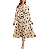 Kormei Women V Neck Tie Long Sleeve Boho Floral Fall Dress Wedding Guest Casual Maxi Long Cocktail Dress