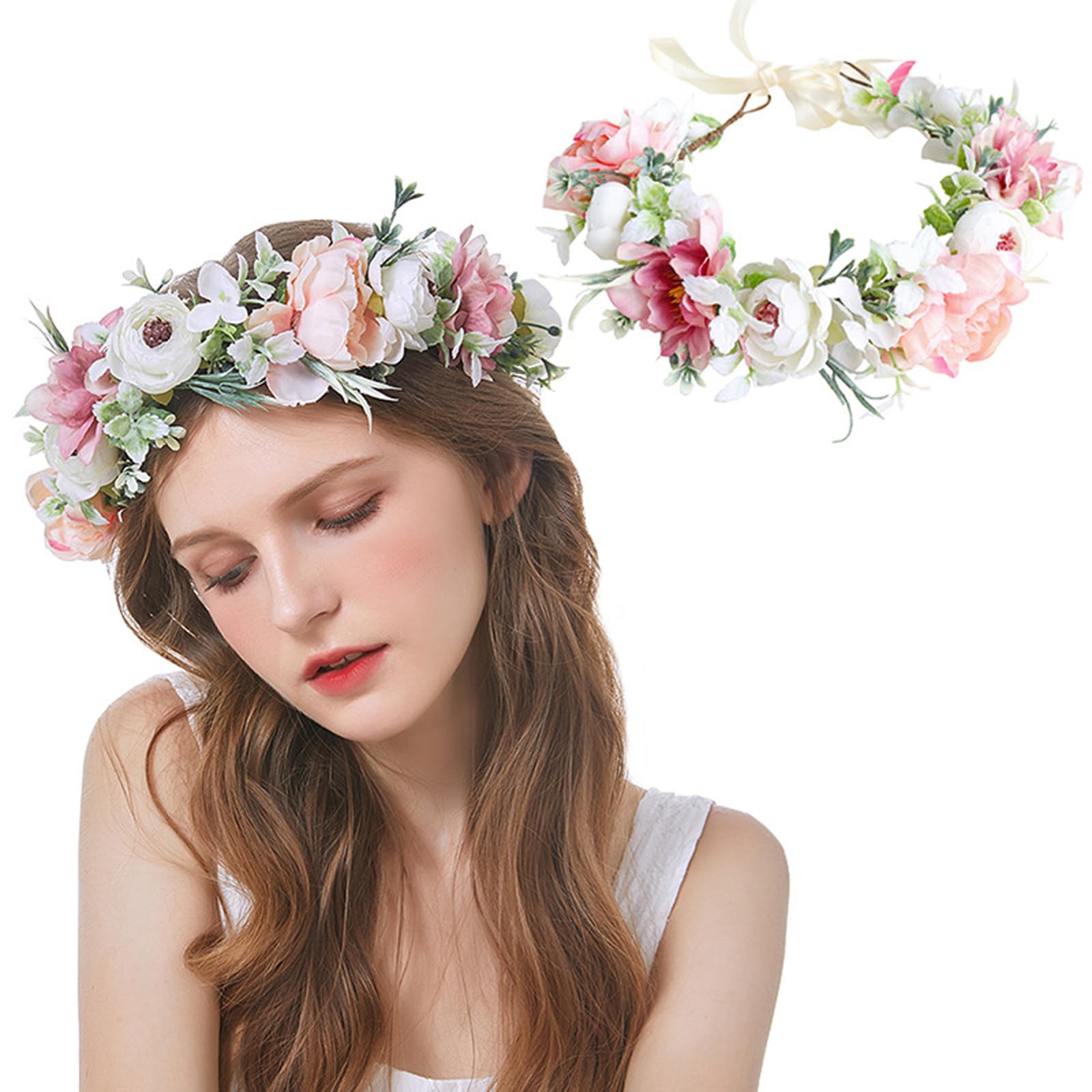 AWOCAN Women Flower Crown Headband Flower Headpiece Floral Crown Wedding Bridal Hair Garland Adjustable Flower Hair Wreath Crown for Women (WHITE+PINK-A)