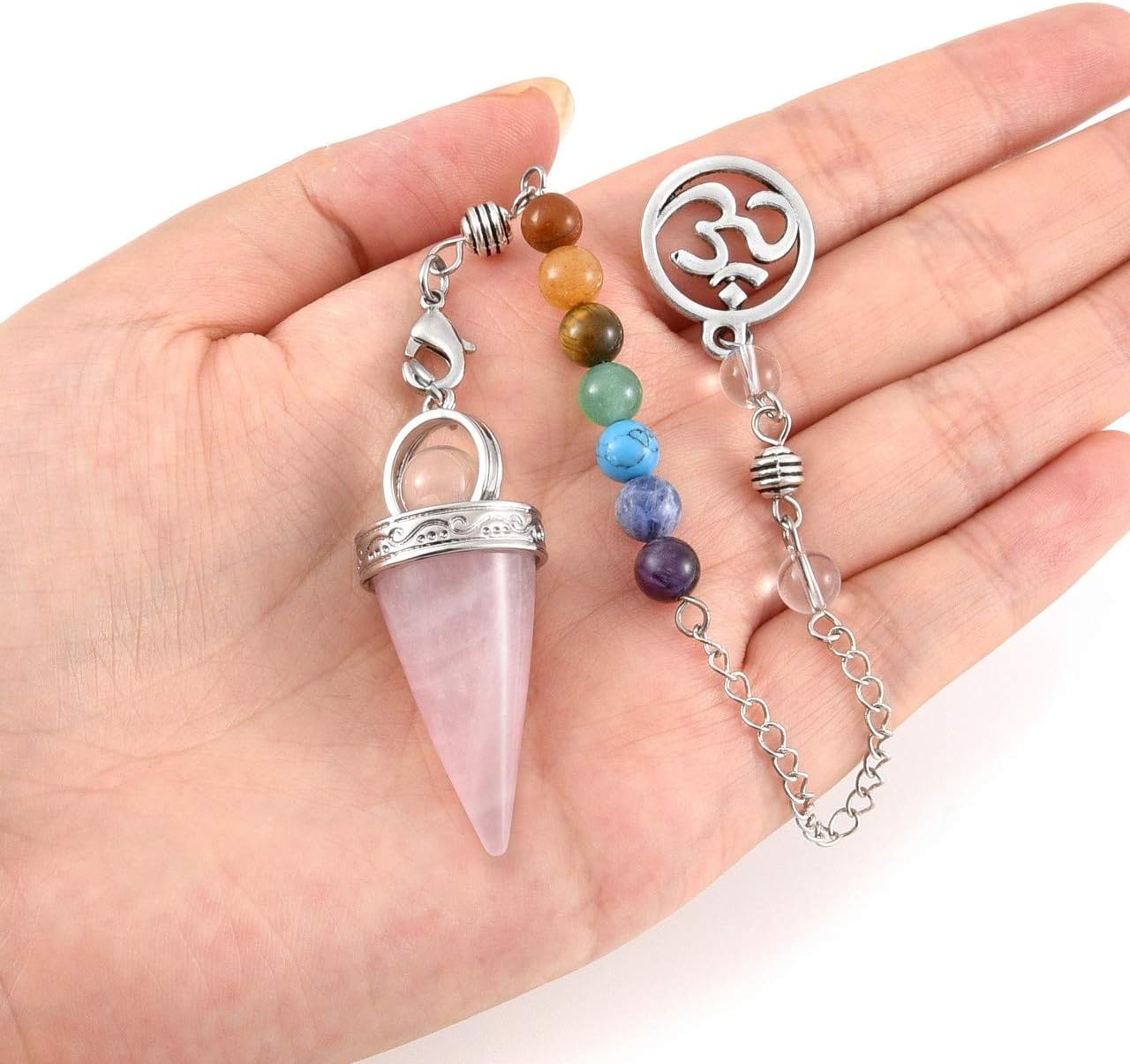 JOVIVI Rose Quartz Crystal Dowsing Pendulum Divination 7 Chakra Gemstone Cone Shape Pointed OM Lucky Charm Pendant Pendulum for Healing,Reiki,Wicca,Scrying - Image 4