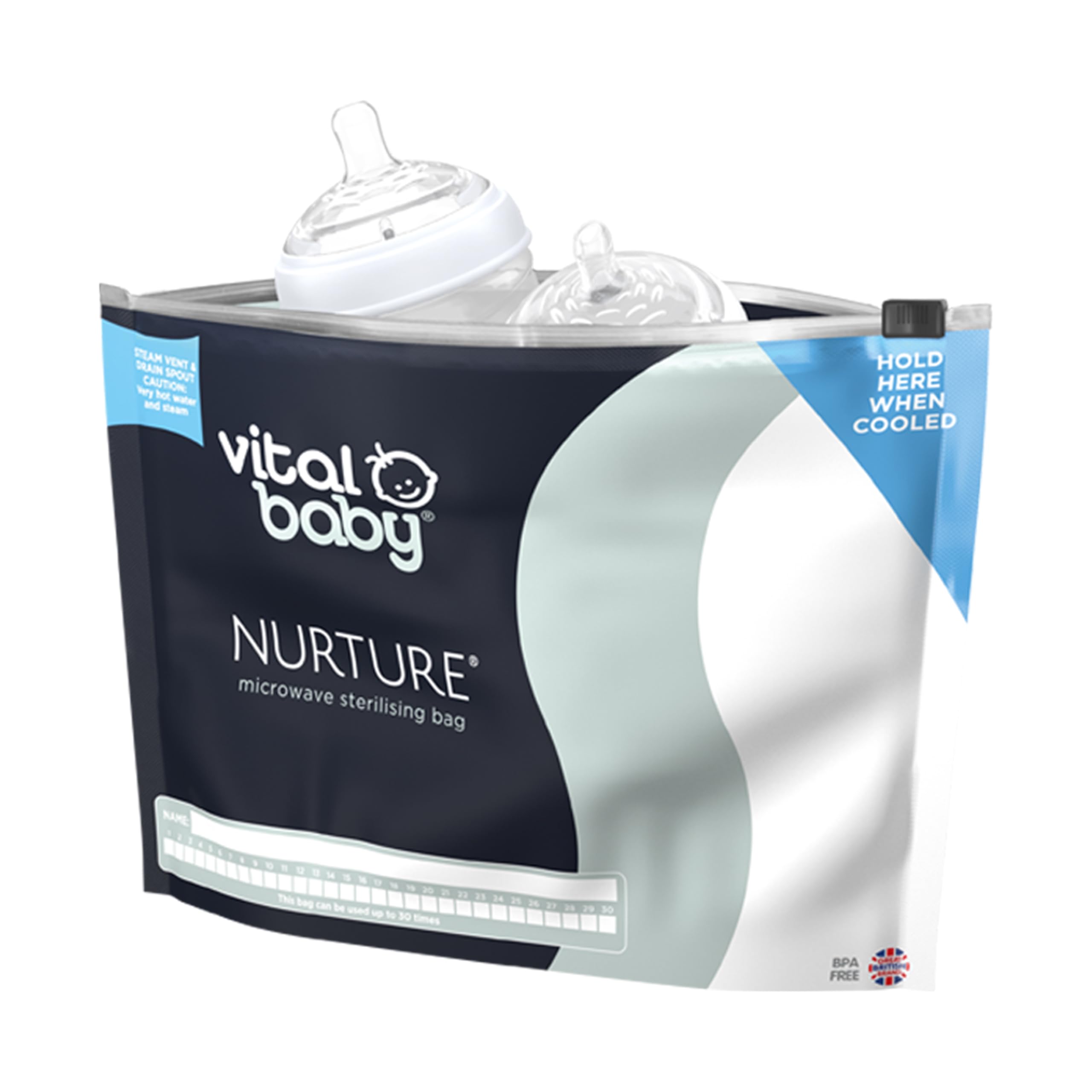 Vital Baby NURTURE Microwave Sterilising Bags - Reusable Sterilising Bags - Lightweight & Compact - Space Saving - No Chemicals - Sterilise Baby Bottles, Teats, Soothers & Accessories - 150 uses - 5pk