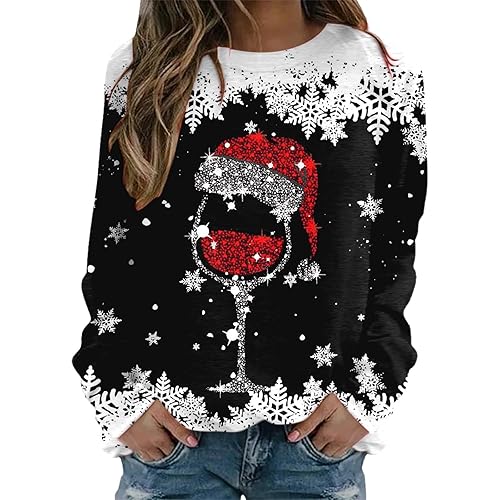 Christmas Jumpers for Women Christmas Wine Glass Print Casual Sweatshirt Round Neck Long Sleeve Tops Lounge Wear Activewear Ladies Jumpers Outdoor Autumn Winter Sweatshirts