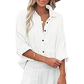Diosun Womens Casual Button Down Shirts V Neck Long Sleeve Cotton Loose Fit Plain Work Blouse Tops with Pocket