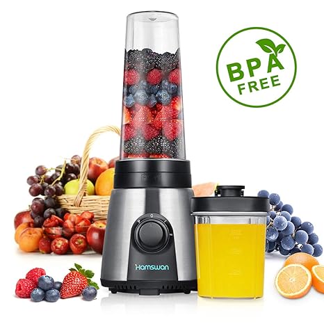 HAMSWAN KP-1506 Smoothie Mixer,Mini tragbare Mixer,tragbare Smoothie Maker,Suppe pürieren Gemüse mit 2 Reiseflaschen MEHRWEG