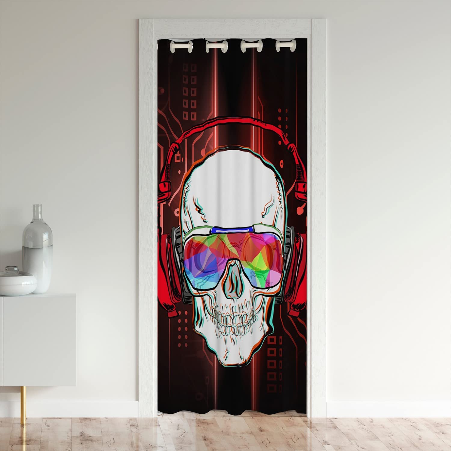 Loussiesd Sugar Skull Closet Door Cover Curtain for Bedroom Headphones Door Curtain for Doorway Privacy 132x203cm for Kids Music Theme Room Divider Curtain Cover Black Red Window Treatments