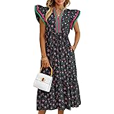 Wenrine Womens Summer Floral Midi Dresses Ruffle Cap Sleeve V Neck Flowy Boho Casual Beach Vacation Sundress
