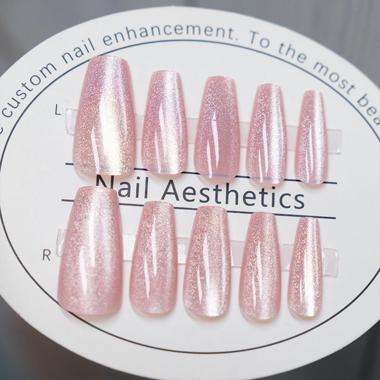 Long Coffin Press on Nails Light Pink Cat Eye Fake Nails Long Coffin False Nails with Gradient & Glitter Design Glossy Full Cover Glossy Acrylic Nails Reusable Stick on Nails for Women Girls 24Pcs - Image 3
